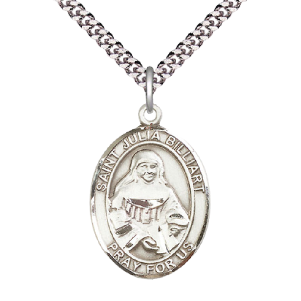 Saint St. Julia Billiart Medal Necklace, Catholic Medal - Patron Saint. Against Poverty – 24 Inch Endless Light Rhodium Plated plated Chain – Velvet Gift Box