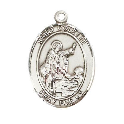 Women's Pewter Saint St. Colette Medal Pendant on 18 Inch Rhodium Plated Lite Curb Brass Chain with Lobster Claw Clasp, Catholic Religious Necklace - Made in USA- Deluxe Velvet Gift Box