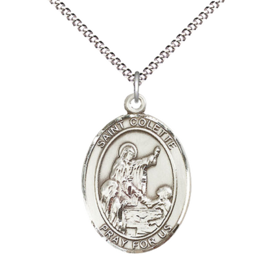Women's .925 Sterling Silver Saint St. Colette Medal Pendant on 18 Inch Rhodium Plated Lite Curb Brass Chain with Lobster Claw Clasp, Catholic Religious Necklace - Made in USA- Deluxe Velvet Gift Box