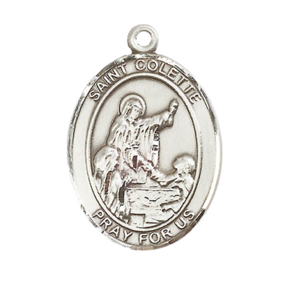 Mens 1 x 3/4" Oval Pewter Saint St. Colette Medal Pendant on 24 Inch Rhodium Plated Heavy Curb Brass Chain with Lobster Claw clasp, Catholic Religious Necklace - Made in USA- Deluxe Velvet Gift Box