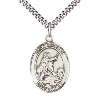 Saint St. Colette Medal Necklace – Men's .925 Sterling Silver Pendant on 24 Inch Light Rhodium Plated Heavy Curb Chain – Catholic Patron Saint St. of Loss of Parents – Velvet Gift Box Included