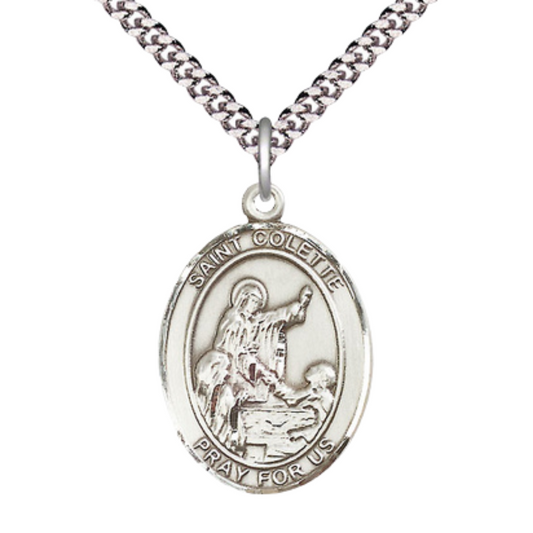 Saint St. Colette Medal Necklace – Men's Pewter Pendant on 24 Inch Light Rhodium Plated plated Chain – Catholic Patron Saint St. of Loss of Parents – Velvet Gift Box Included