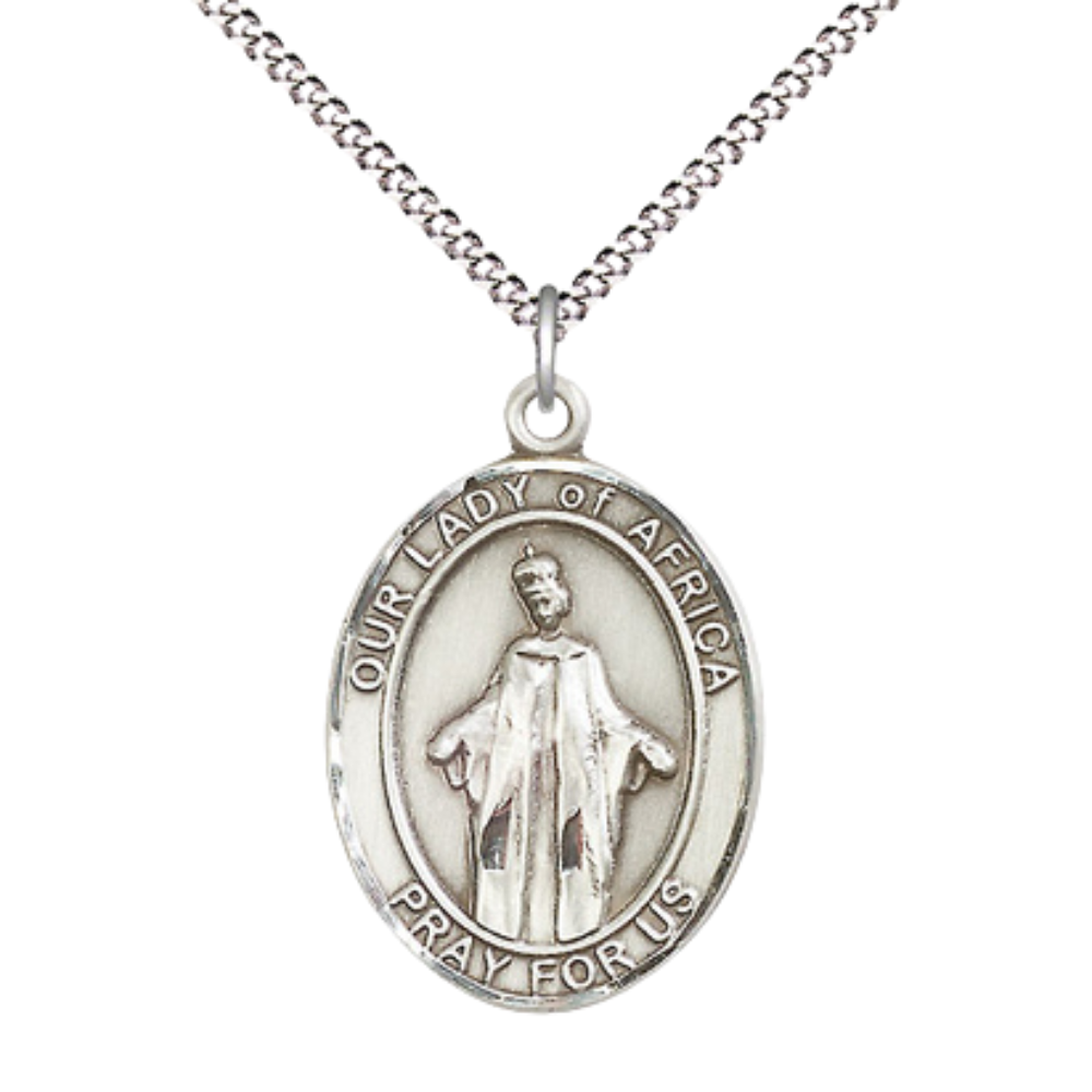 Women's .925 Sterling Silver Our Lady of Africa Medal Pendant on 18 Inch Rhodium Plated Lite Curb Brass Chain with Lobster Claw Clasp, Catholic Religious Necklace - Made in USA- Deluxe Velvet Gift Box