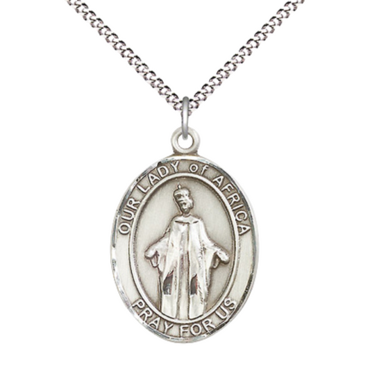 Women's .925 Sterling Silver Our Lady of Africa Medal Pendant on 18 Inch Rhodium Plated Lite Curb Brass Chain with Lobster Claw Clasp, Catholic Religious Necklace - Made in USA- Deluxe Velvet Gift Box