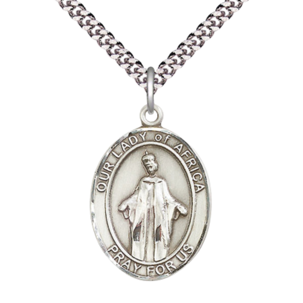 Our Lady of Africa Men's Medal Necklace – Patron Saint St. of Africa – 24 Inch Endless Light Rhodium Plated Heavy Curb Chain, Catholic Medal – Velvet Gift Box