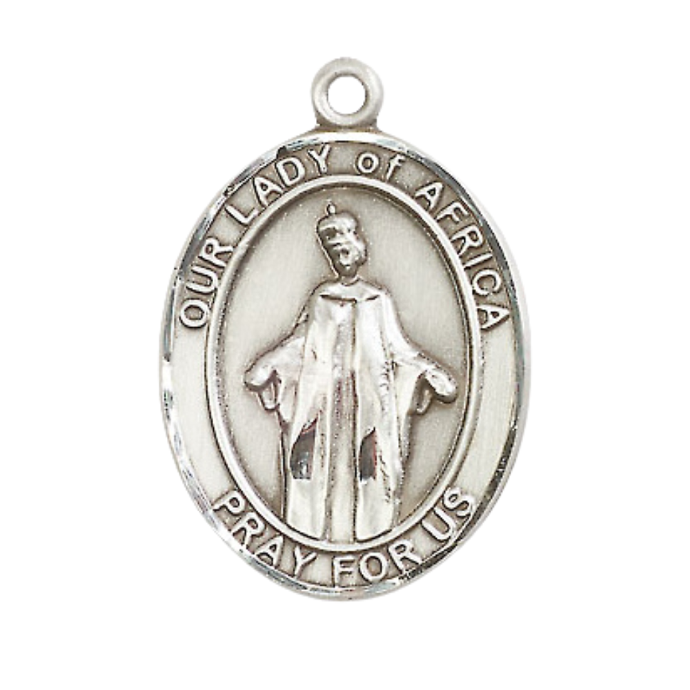 Mens 1 x 3/4" Oval Pewter Our Lady of Africa Medal Pendant on 24 Inch Rhodium Plated Heavy Curb Brass Chain with Lobster Claw clasp, Catholic Religious Necklace - Made in USA- Velvet Gift Box
