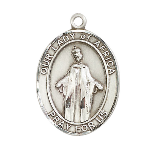 Mens .925 Sterling Silver Our Lady of Africa Medal Pendant on 24 Inch Rhodium Plated Heavy Curb Brass Chain with Lobster Claw clasp, Catholic Religious Necklace - Made in USA- Velvet Gift Box