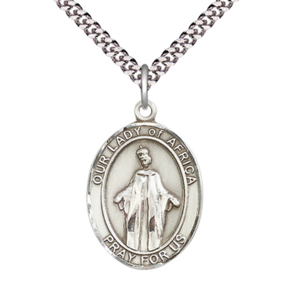 Our Lady of Africa Medal Necklace – Patron Saint St. of Africa – 24 Inch Endless Light Rhodium Plated plated Chain, Catholic Medal – Velvet Gift Box
