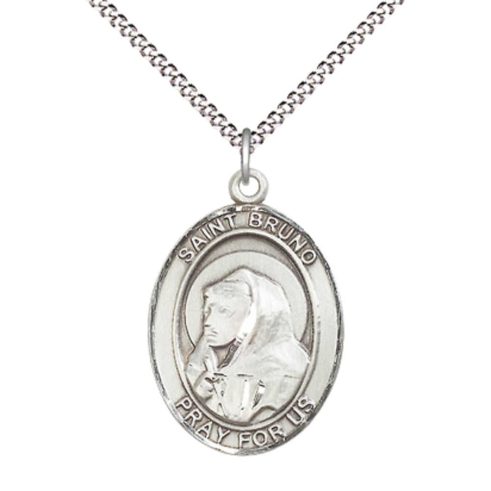 Women's Pewter Saint St. Bruno Medal Pendant on 18 Inch Rhodium Plated Lite Curb Brass Chain with Lobster Claw Clasp, Catholic Religious Necklace - Made in USA- Deluxe Velvet Gift Box