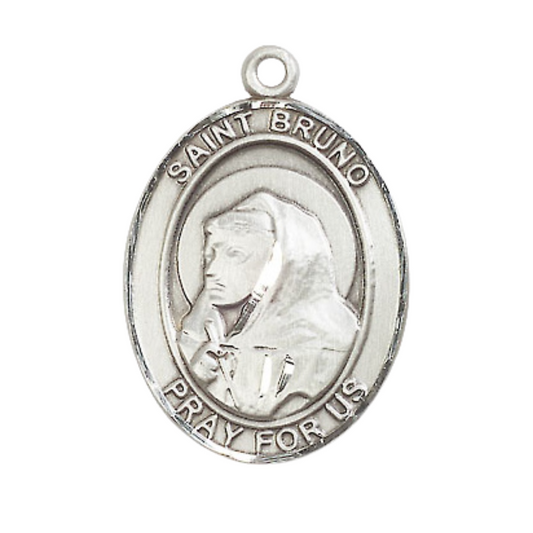 Mens Oval .925 Sterling Silver Saint Bruno Medal Pendant on 24" Rhodium Plated Heavy Curb Brass Chain with Lobster Claw clasp, Catholic Religious Necklace -Made in USA- Velvet Gift Box