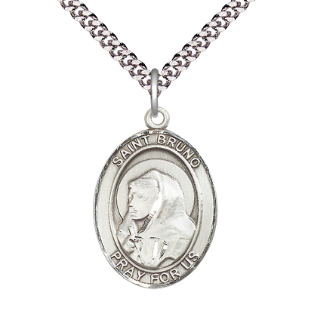 Mens 1 x 3/4" Oval Pewter Saint St. Bruno Medal Pendant on 24 inch Rhodium Plated Heavy Curb Brass Chain with Lobster Claw clasp, Catholic Religious Necklace - Made in USA- Deluxe Velvet Gift Box