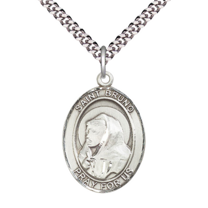 Saint St. Bruno Men's Medal Necklace – Patron Saint St. of Possessed People – 24 Inch Endless Light Rhodium Plated Heavy Curb Chain, Catholic Medal – Velvet Gift Box