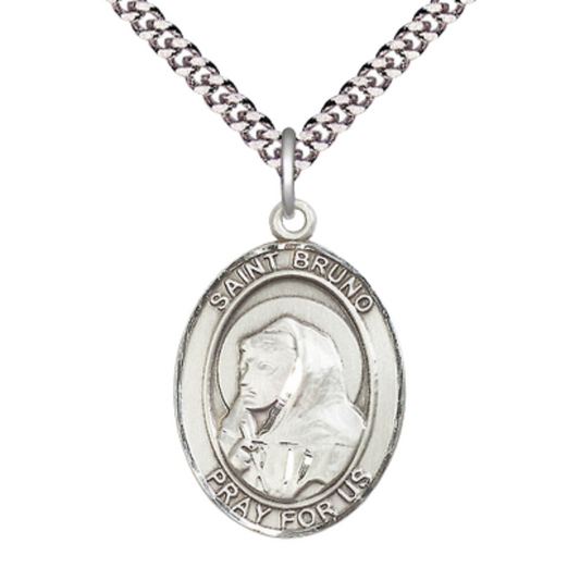 Saint St. Bruno Men's Medal Necklace – Patron Saint St. of Possessed People – 24 Inch Endless Light Rhodium Plated Heavy Curb Chain, Catholic Medal – Velvet Gift Box