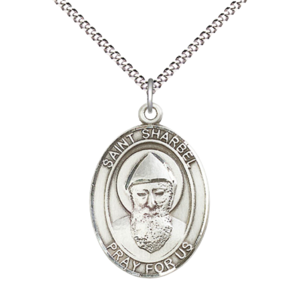 Women's Pewter Saint St. Sharbel Medal Pendant on 18 Inch Rhodium Plated Lite Curb Brass Chain with Lobster Claw Clasp, Catholic Religious Necklace - Made in USA- Deluxe Velvet Gift Box