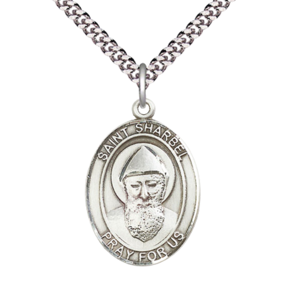 Mens 1 x 3/4" Oval Pewter Saint Sharbel Medal Pendant on 24" Rhodium Plated Heavy Curb Brass Chain with Lobster Claw clasp , Catholic Religious Necklace -Made in USA - Deluxe Velvet Gift Box