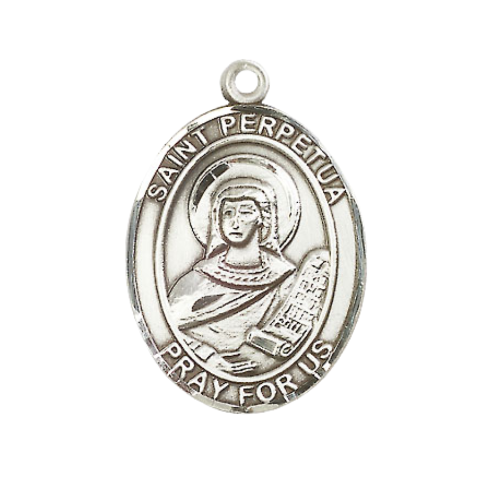 Women's Pewter Saint St. Perpetua Medal Pendant on 18 Inch Rhodium Plated Lite Curb Brass Chain with Lobster Claw Clasp, Catholic Religious Necklace - Made in USA- Deluxe Velvet Gift Box