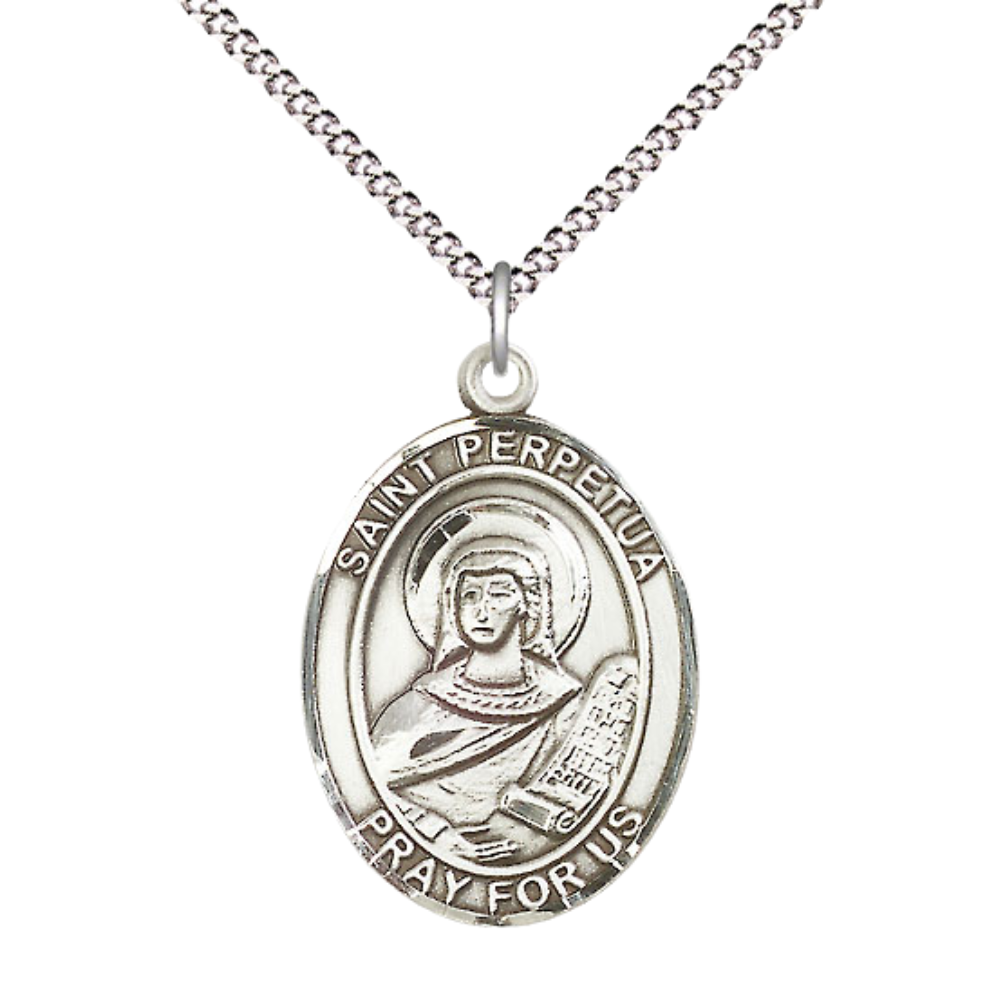 Women's .925 Sterling Silver Saint St. Perpetua Medal Pendant on 18 Inch Rhodium Plated Lite Curb Brass Chain with Lobster Claw Clasp, Catholic Religious Necklace - Made in USA- Deluxe Velvet Gift Box