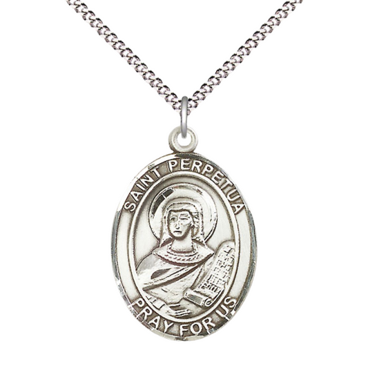 Women's .925 Sterling Silver Saint St. Perpetua Medal Pendant on 18 Inch Rhodium Plated Lite Curb Brass Chain with Lobster Claw Clasp, Catholic Religious Necklace - Made in USA- Deluxe Velvet Gift Box