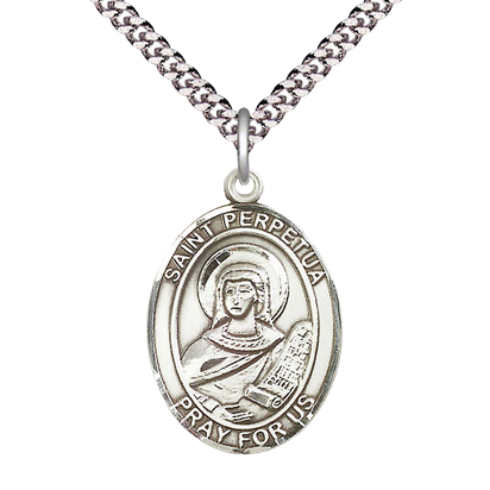 Saint Perpetua Men's Medal Necklace – Patron Saint of Martyrs & Cattle – 24" Endless Light Rhodium Plated Heavy Curb Chain – Velvet Gift Box