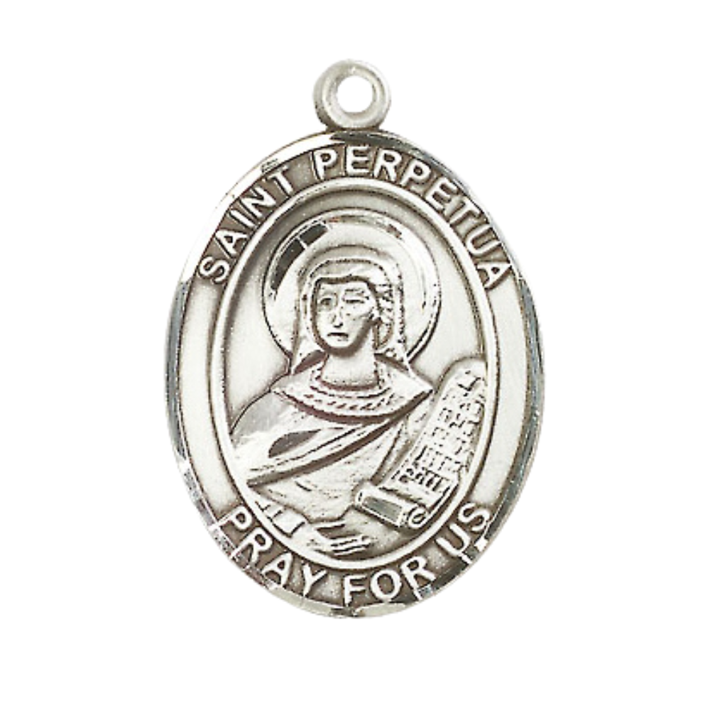 Mens Oval .925 Sterling Silver Saint St. Perpetua Medal Pendant on 24 Inch Rhodium Plated Heavy Curb Brass Chain with Lobster Claw clasp, Catholic Religious Necklace - Made in USA- Velvet Gift Box