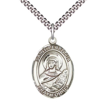 Saint St. Perpetua Medal Necklace, Catholic Medal - Patron Saint. of Martyrs & Cattle – 24 Inch Endless Light Rhodium Plated plated Chain – Velvet Gift Box