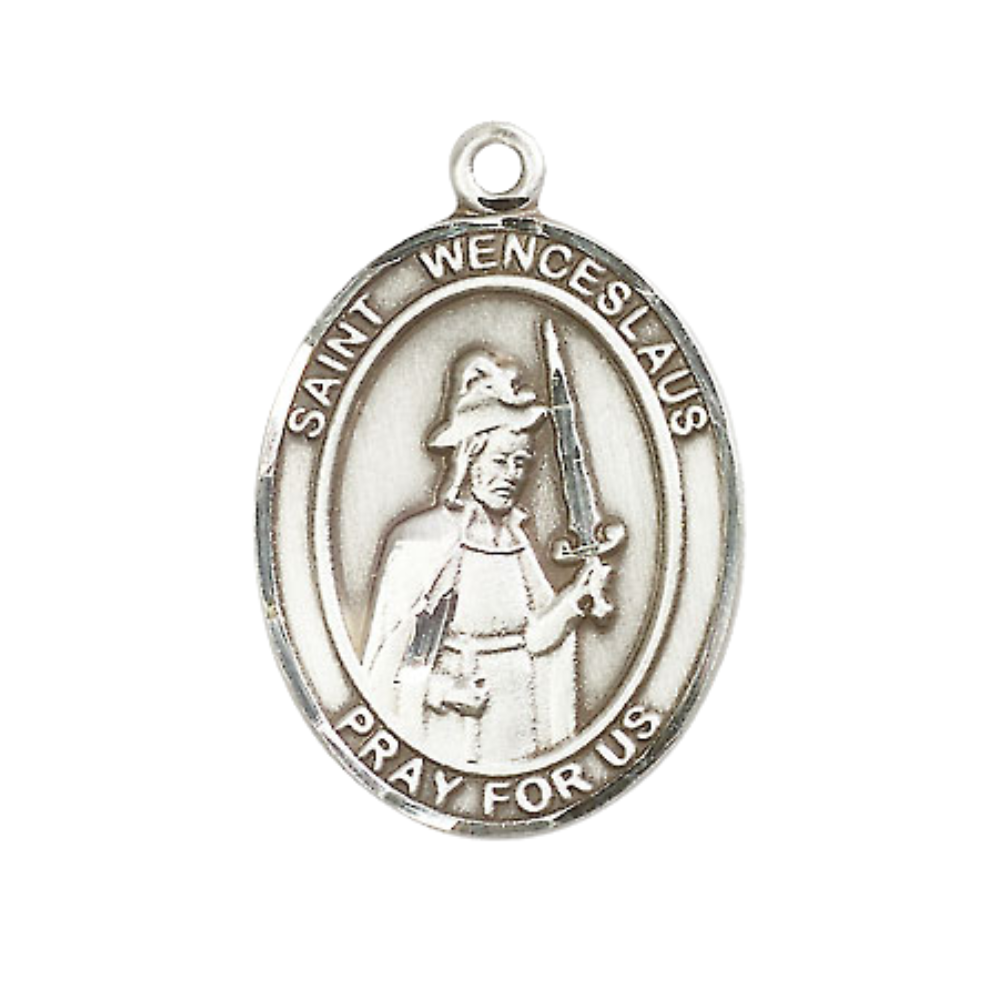 Women's .925 Sterling Silver Saint St. Wenceslaus Medal Pendant on 18 Inch Rhodium Plated Lite Curb Brass Chain with Lobster Claw Clasp, Catholic Religious Necklace - Made in USA- Deluxe Velvet Gift Box