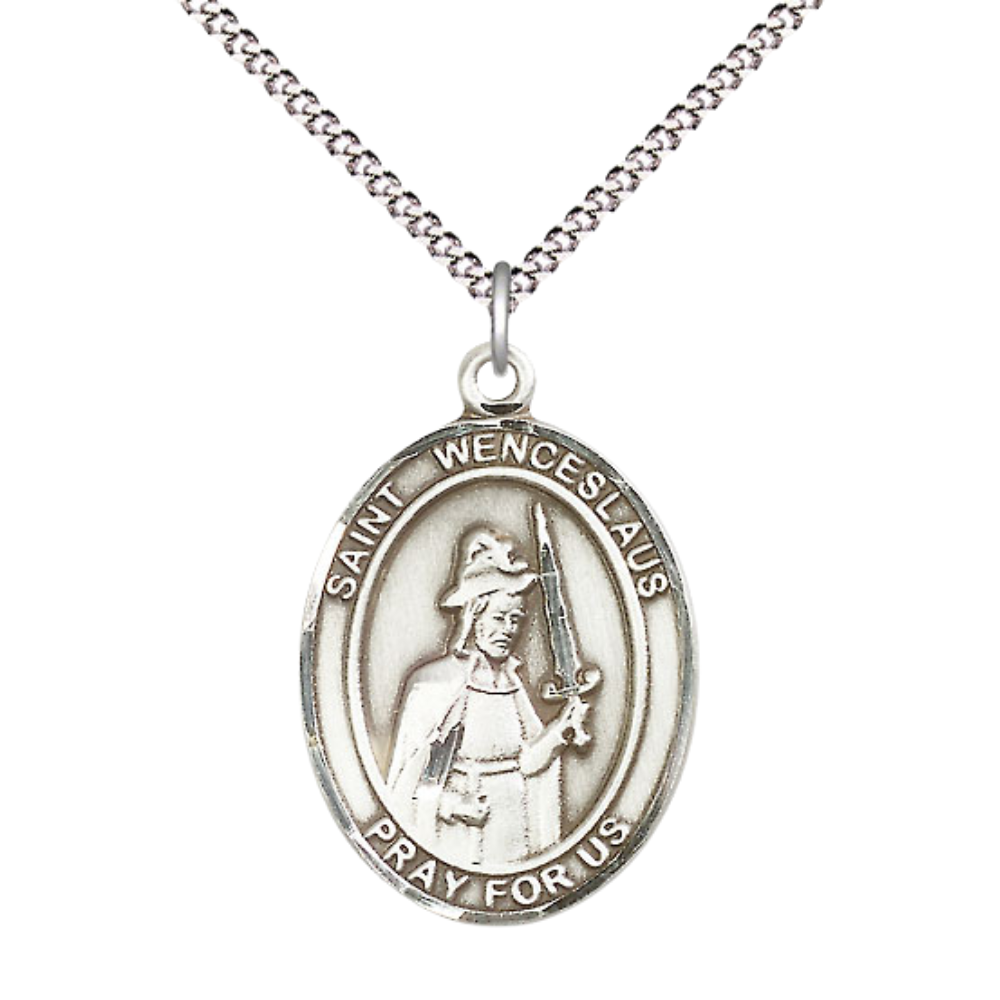 Women's .925 Sterling Silver Saint St. Wenceslaus Medal Pendant on 18 Inch Rhodium Plated Lite Curb Brass Chain with Lobster Claw Clasp, Catholic Religious Necklace - Made in USA- Deluxe Velvet Gift Box