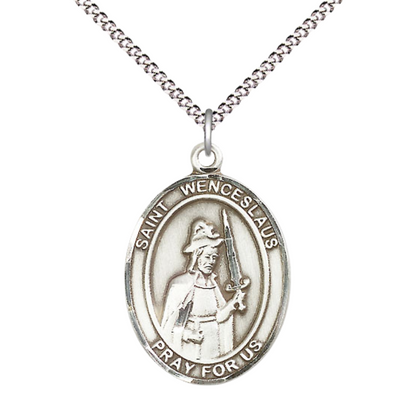 Women's .925 Sterling Silver Saint St. Wenceslaus Medal Pendant on 18 Inch Rhodium Plated Lite Curb Brass Chain with Lobster Claw Clasp, Catholic Religious Necklace - Made in USA- Deluxe Velvet Gift Box