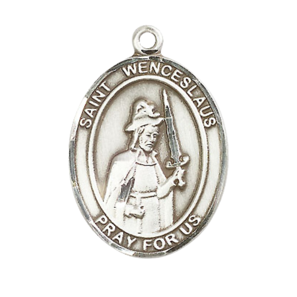 Mens .925 Sterling Silver Saint St. Wenceslaus Medal Pendant on 24 Inch Rhodium Plated Heavy Curb Brass Chain with Lobster Claw clasp, Catholic Religious Necklace - Made in USA- Velvet Gift Box