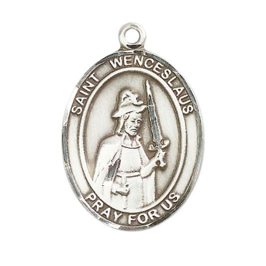 Mens .925 Sterling Silver Saint St. Wenceslaus Medal Pendant on 24 Inch Rhodium Plated Heavy Curb Brass Chain with Lobster Claw clasp, Catholic Religious Necklace - Made in USA- Velvet Gift Box