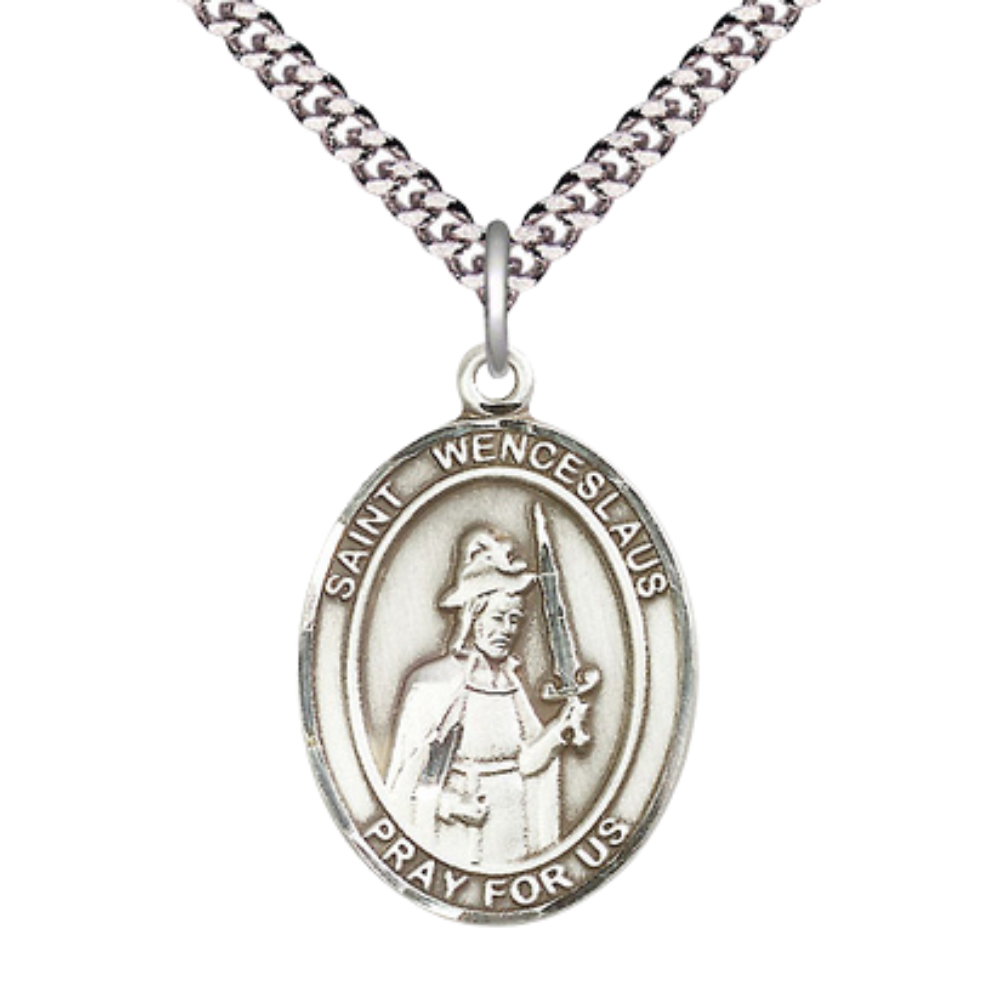 Mens 1 x 3/4" Oval Pewter Saint St. Wenceslaus Medal Pendant on 24 Inch Rhodium Plated Heavy Curb Brass Chain with Lobster Claw clasp, Catholic Religious Necklace - Made in USA - Velvet Gift Box