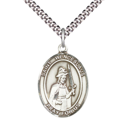 Saint Wenceslaus Medal Necklace – Patron Saint of Brewers – 24" Endless Light Rhodium Plated plated Chain – Velvet Gift Box