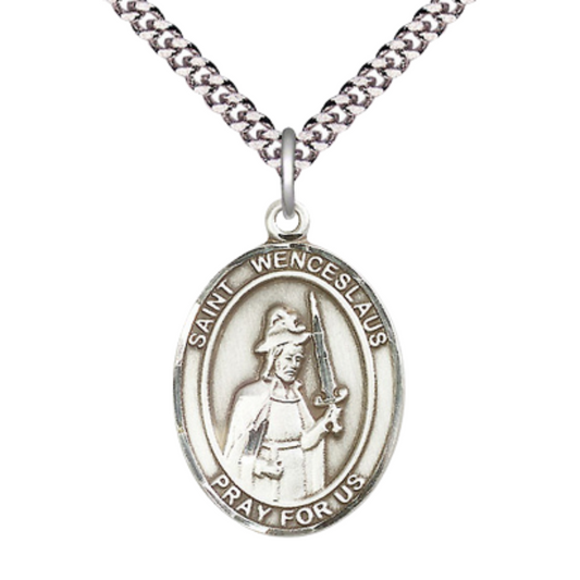 Saint Wenceslaus Medal Necklace – Patron Saint of Brewers – 24" Endless Light Rhodium Plated plated Chain – Velvet Gift Box
