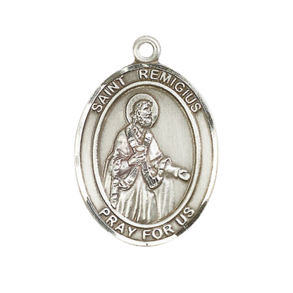 Women's Pewter Saint St. Remigius of Reims Medal Pendant on 18 Inch Rhodium Plated Lite Curb Brass Chain with Lobster Claw Clasp, Catholic Religious Necklace - Made in USA- Deluxe Velvet Gift Box