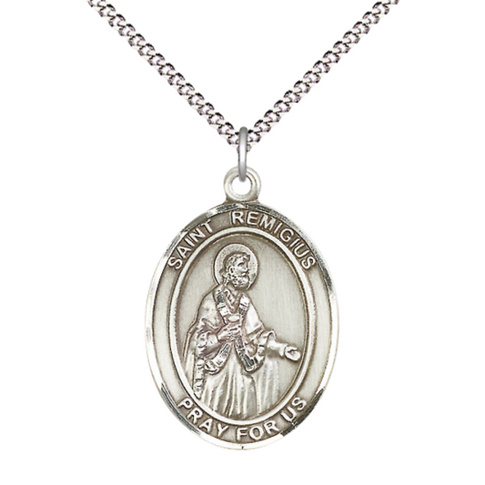 Women's .925 Sterling Silver Saint St. Remigius of Reims Medal Pendant on 18 Inch Rhodium Plated Lite Curb Brass Chain w/ Lobster Claw Clasp, Catholic Religious Necklace - Made in USA- Deluxe Velvet Gift Box