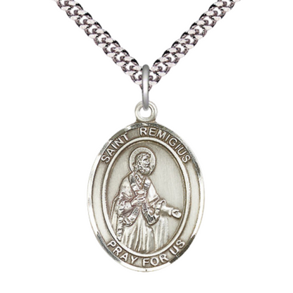 Mens Oval Pewter Saint St. Remigius of Reims Medal Pendant on 24 Inch Rhodium Plated Heavy Curb Brass Chain with Lobster Claw clasp, Catholic Religious Necklace - Made in USA - Deluxe Velvet Gift Box