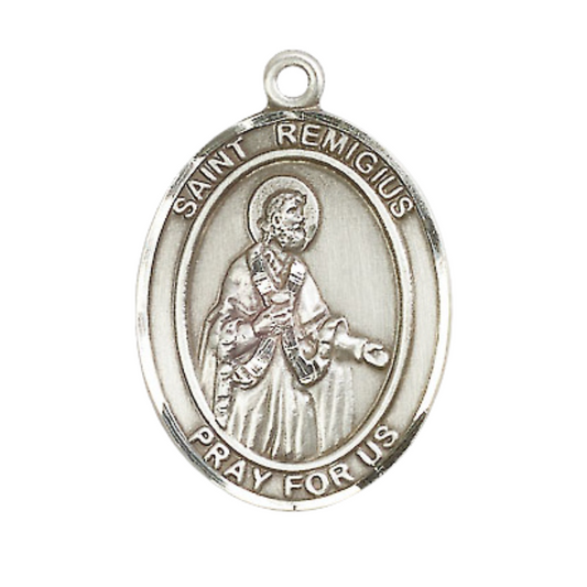 Mens Sterling Silver Saint Remigius of Reims Medal Pendant on 24" Rhodium Plated Heavy Curb Brass Chain with Lobster Claw clasp, Catholic Religious Necklace -Made in USA- Velvet Gift Box