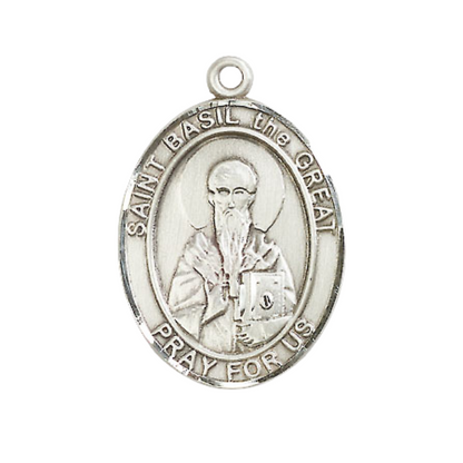 Women's .925 Sterling Silver Saint St. Basil the Great Medal Pendant on 18 Inch Rhodium Plated Lite Curb Brass Chain w/ Lobster Claw Clasp, Catholic Religious Necklace - Made in USA- Deluxe Velvet Gift Box