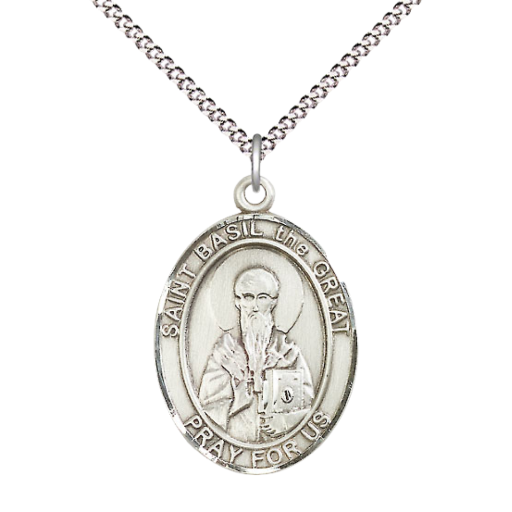 Women's .925 Sterling Silver Saint St. Basil the Great Medal Pendant on 18 Inch Rhodium Plated Lite Curb Brass Chain w/ Lobster Claw Clasp, Catholic Religious Necklace - Made in USA- Deluxe Velvet Gift Box