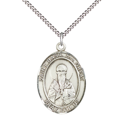 Women's .925 Sterling Silver Saint St. Basil the Great Medal Pendant on 18 Inch Rhodium Plated Lite Curb Brass Chain w/ Lobster Claw Clasp, Catholic Religious Necklace - Made in USA- Deluxe Velvet Gift Box