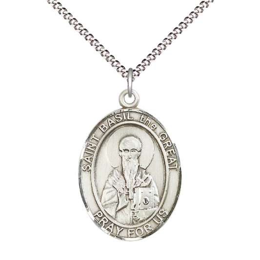 Women's .925 Sterling Silver Saint St. Basil the Great Medal Pendant on 18 Inch Rhodium Plated Lite Curb Brass Chain w/ Lobster Claw Clasp, Catholic Religious Necklace - Made in USA- Deluxe Velvet Gift Box