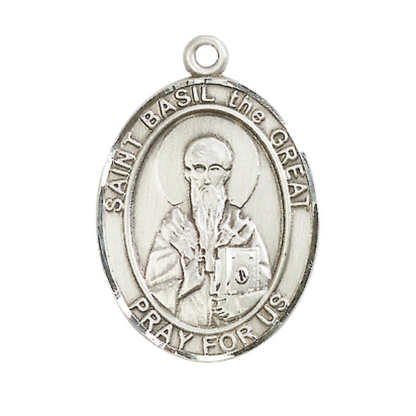 Saint St. Basil the Great Men's Medal Necklace – Patron Saint St. of Hospital Administrators – 24 Inch Endless Light Rhodium Plated Heavy Curb Chain, Catholic Medal – Velvet Gift Box