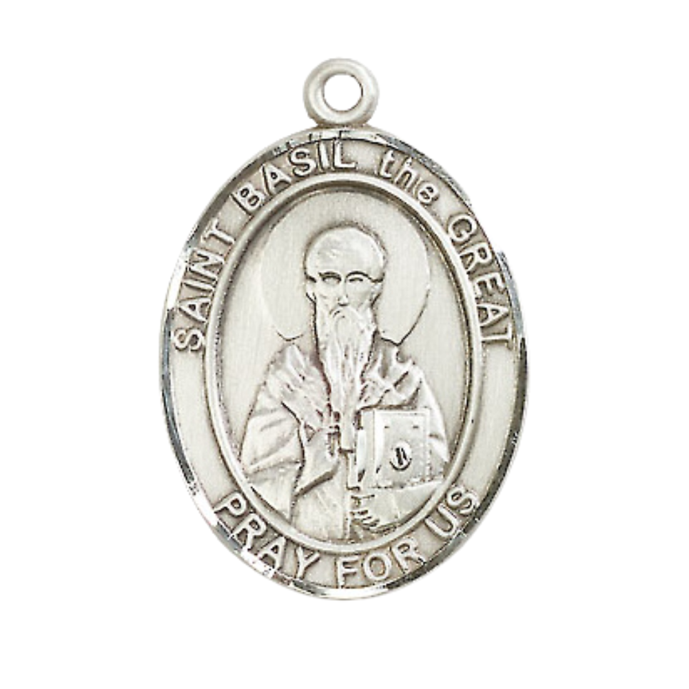 Saint St. Basil the Great Medal Necklace, Catholic Medal - Patron Saint. of Hospital Administrators – 24 Inch Endless Light Rhodium Plated plated Chain – Velvet Gift Box