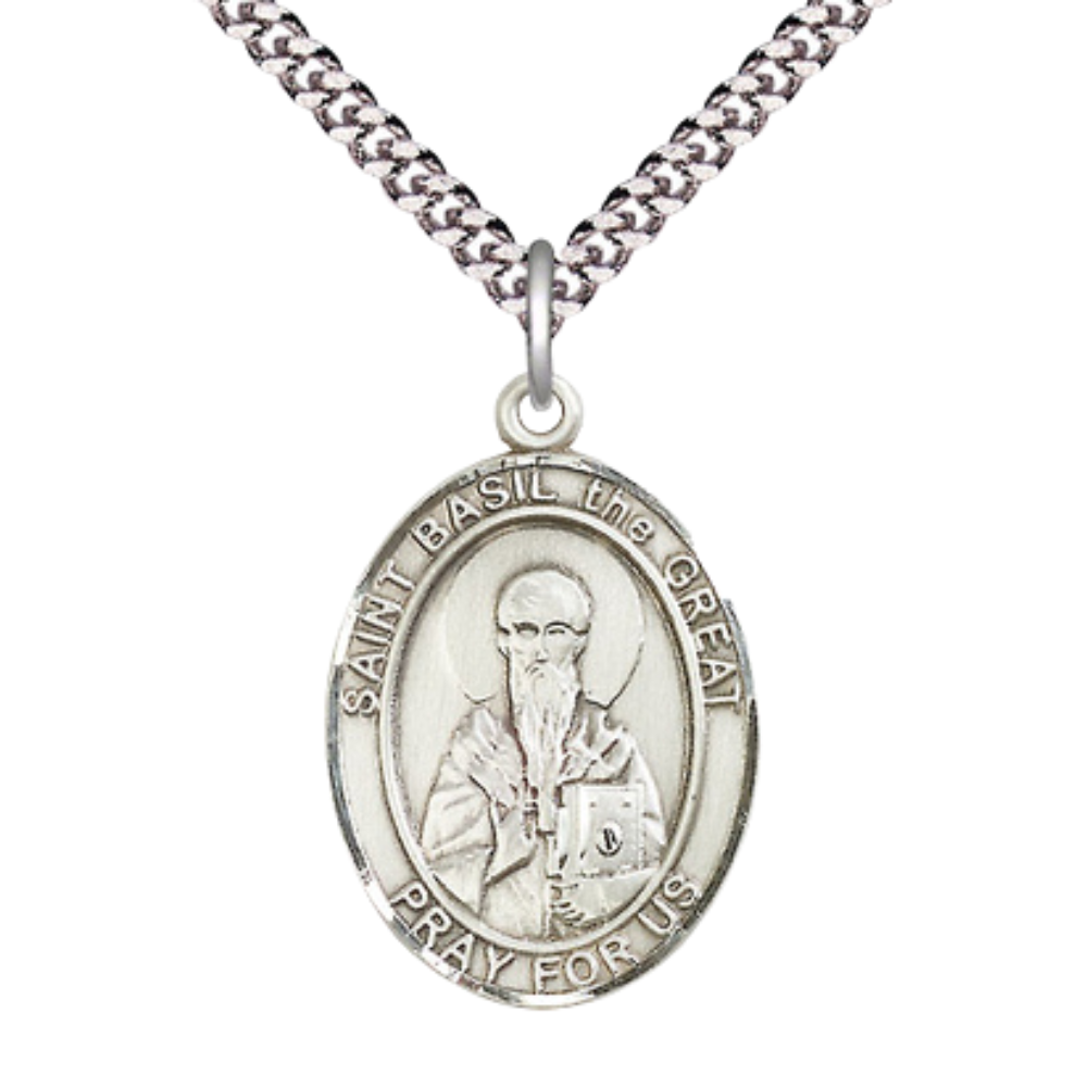 Saint St. Basil the Great Men's Medal Necklace – Patron Saint St. of Hospital Administrators – 24 Inch Endless Light Rhodium Plated Heavy Curb Chain, Catholic Medal – Velvet Gift Box