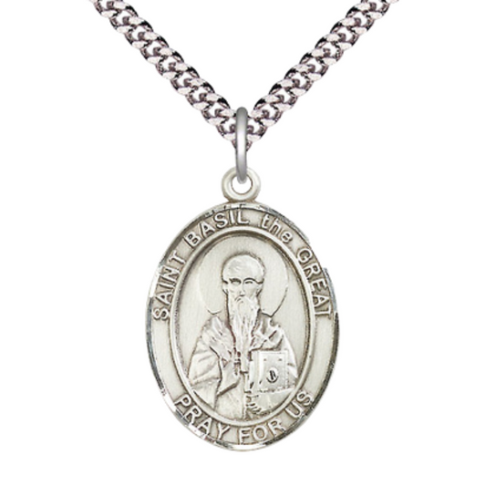 Saint St. Basil the Great Medal Necklace, Catholic Medal - Patron Saint. of Hospital Administrators – 24 Inch Endless Light Rhodium Plated plated Chain – Velvet Gift Box
