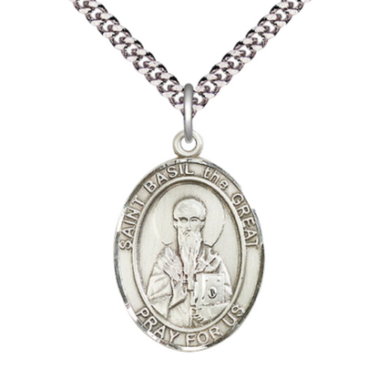 Mens Oval Pewter Saint Basil the Great Medal Pendant on 24" Rhodium Plated Heavy Curb Brass Chain with Lobster Claw clasp, Catholic Religious Necklace -Made in USA- Deluxe Velvet Gift Box