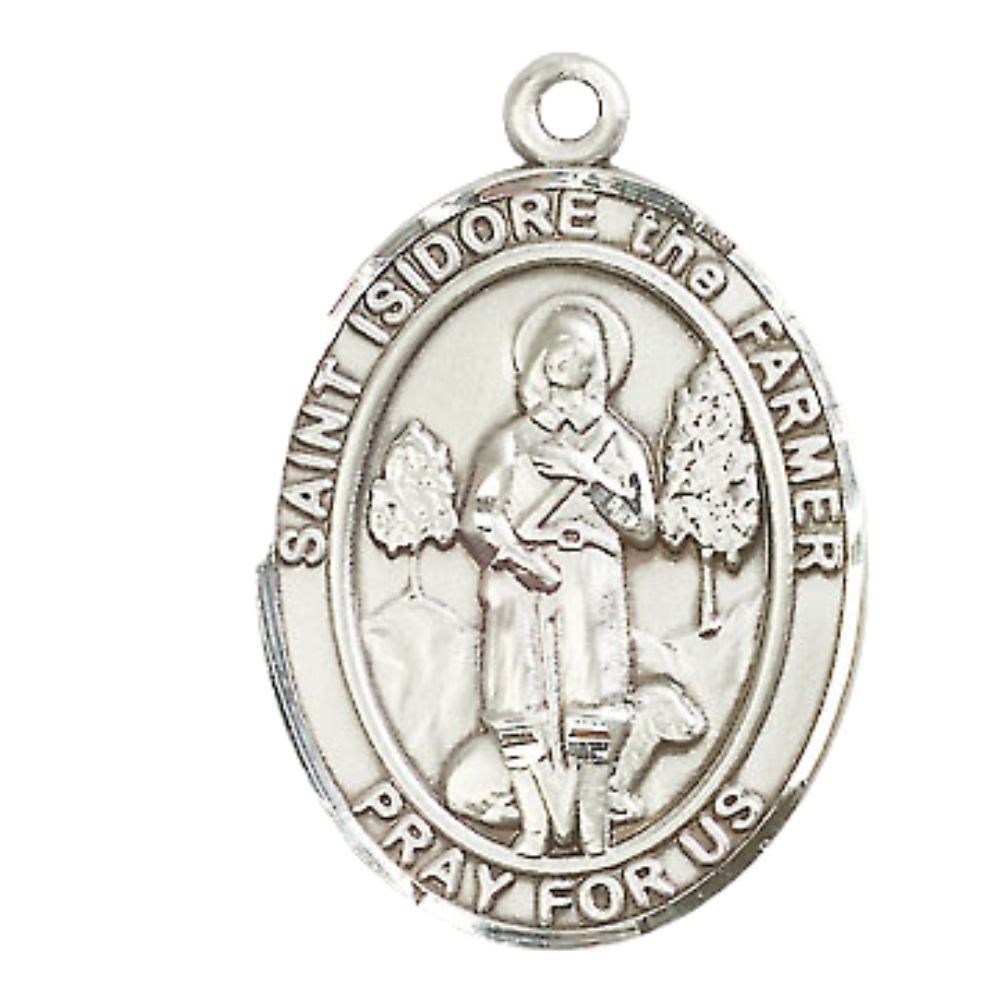 Women's .925 Sterling Silver Saint St. Isidore the Farmer Medal Pendant on 18 Inch Rhodium Plated Lite Curb Brass Chain w/ Lobster Claw Clasp, Catholic Religious Necklace - Made in USA- Deluxe Velvet Gift Box