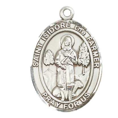 Women's Pewter Saint St. Isidore the Farmer Medal Pendant on 18 Inch Rhodium Plated Lite Curb Brass Chain with Lobster Claw Clasp, Catholic Religious Necklace - Made in USA- Deluxe Velvet Gift Box