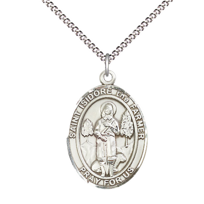 Women's .925 Sterling Silver Saint St. Isidore the Farmer Medal Pendant on 18 Inch Rhodium Plated Lite Curb Brass Chain w/ Lobster Claw Clasp, Catholic Religious Necklace - Made in USA- Deluxe Velvet Gift Box