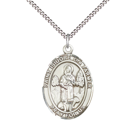 Women's .925 Sterling Silver Saint St. Isidore the Farmer Medal Pendant on 18 Inch Rhodium Plated Lite Curb Brass Chain w/ Lobster Claw Clasp, Catholic Religious Necklace - Made in USA- Deluxe Velvet Gift Box